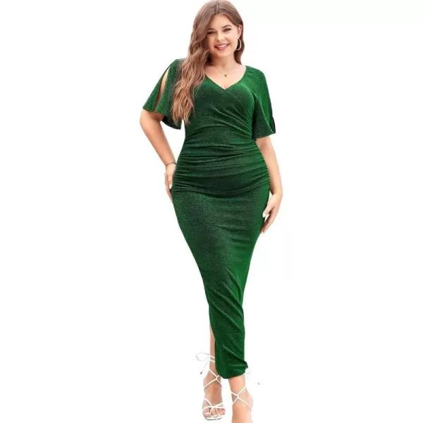 LALAGEN Womens Plus Size Glitter Wedding Guest Bodycon Maxi Dress Short Sleeve V Neck Ruched Slit Cocktail Party DressesGreen