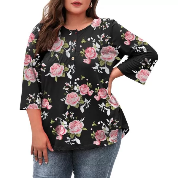 LALAGEN Womens Plus Size Henley Blouse Casual 34 Sleeve Flowy Tunic Tops ShirtAflower Pink Rose