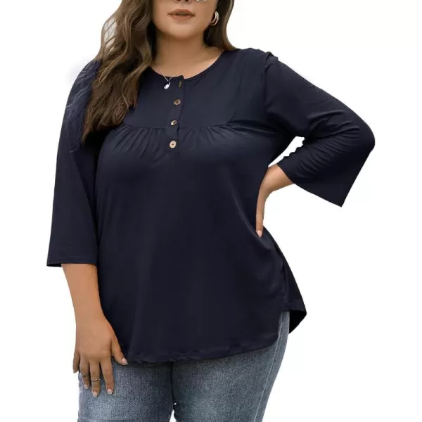 LALAGEN Womens Plus Size Henley Blouse Casual 34 Sleeve Flowy Tunic Tops ShirtAnavy