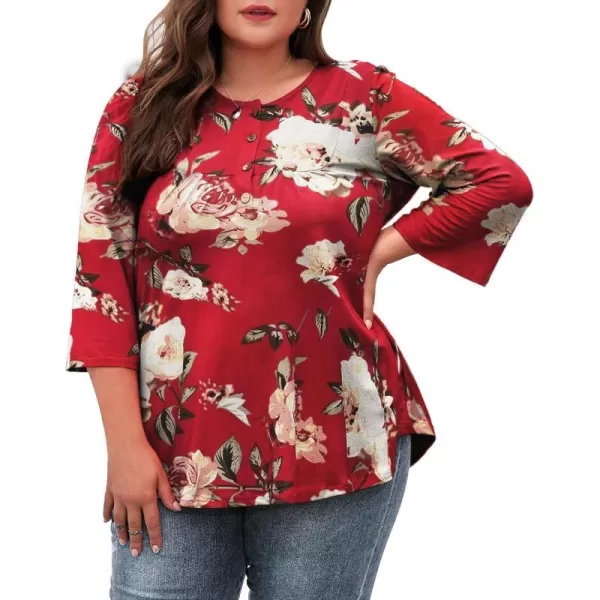 LALAGEN Womens Plus Size Henley Blouse Casual 34 Sleeve Flowy Tunic Tops ShirtApeony Red