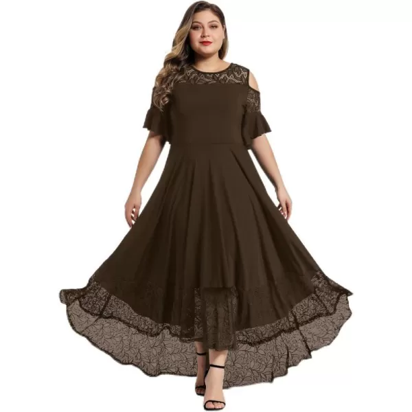 LALAGEN Womens Plus Size Lace Cold Shoulder Casual Long Plain Evening Party Maxi Dress L5XZdark Brown