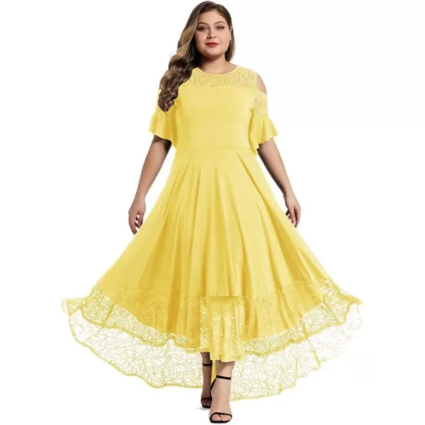 LALAGEN Womens Plus Size Lace Cold Shoulder Casual Long Plain Evening Party Maxi Dress L5XZyellow