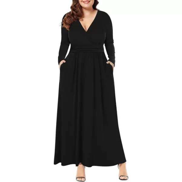 LALAGEN Womens Plus Size Long Sleeve Maxi Dress Casual V Neck Loose Flowy Plain Long Party Dress with Pockets L5XBlack