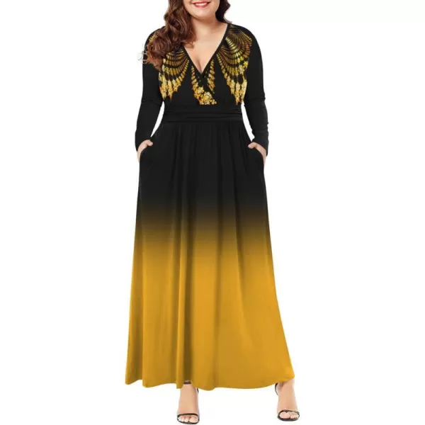 LALAGEN Womens Plus Size Long Sleeve Maxi Dress Casual V Neck Loose Flowy Plain Long Party Dress with Pockets L5XFloral Gold Black