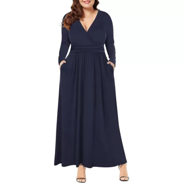 LALAGEN Womens Plus Size Long Sleeve Maxi Dress Casual V Neck Loose Flowy Plain Long Party Dress with Pockets L5XNavy Blue