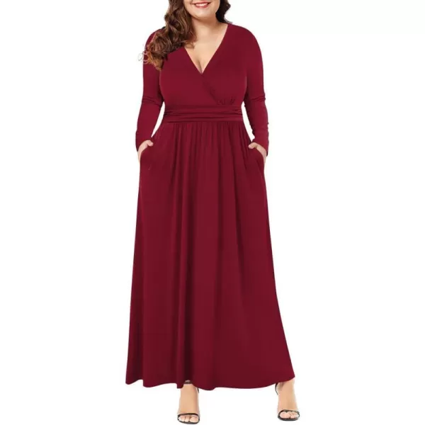 LALAGEN Womens Plus Size Long Sleeve Maxi Dress Casual V Neck Loose Flowy Plain Long Party Dress with Pockets L5XWine Red