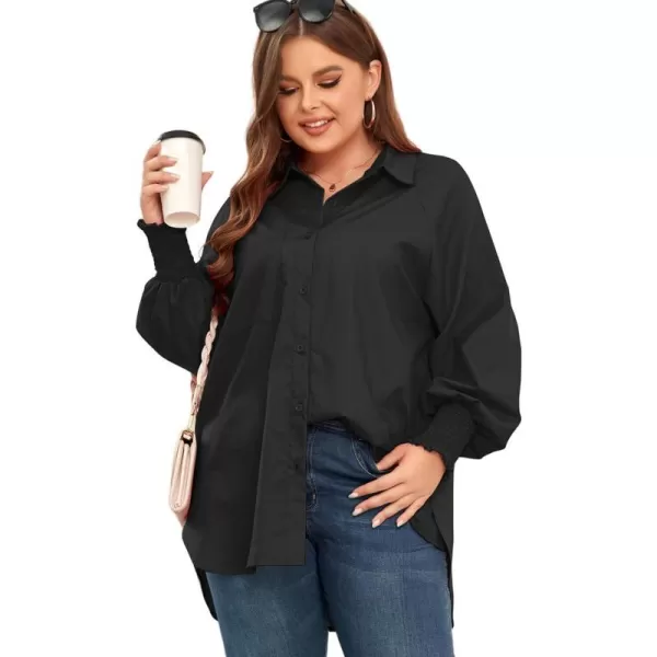 LALAGEN Womens Plus Size Oversized Long Sleeve Button Down Shirt Modest Smocked Cuffed Loose Shirts Blouse with Pocket L5XSolid Black