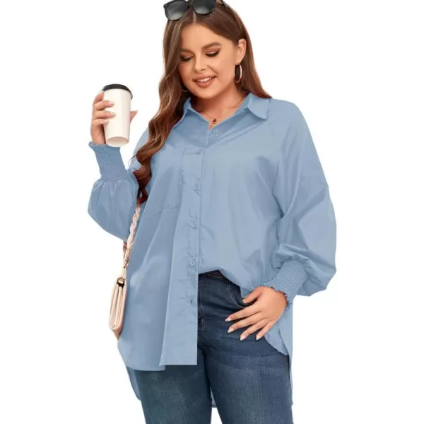 LALAGEN Womens Plus Size Oversized Long Sleeve Button Down Shirt Modest Smocked Cuffed Loose Shirts Blouse with Pocket L5XSolid Blue