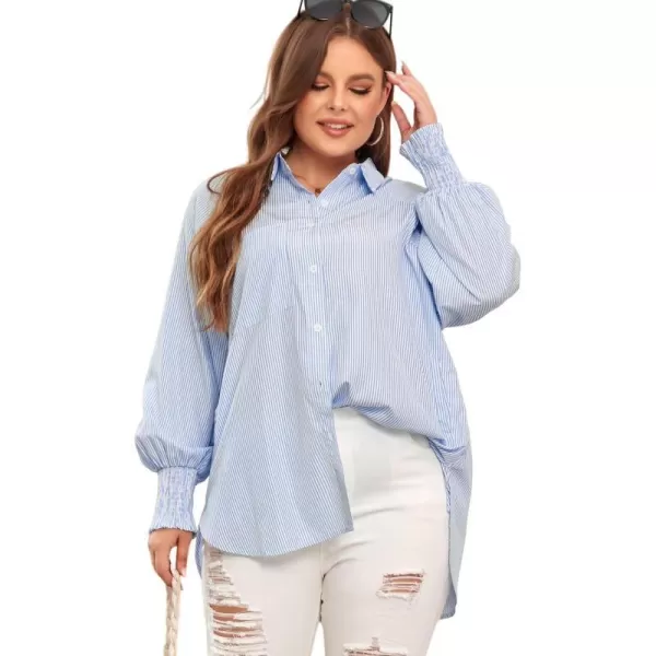 LALAGEN Womens Plus Size Oversized Long Sleeve Button Down Shirt Modest Smocked Cuffed Loose Shirts Blouse with Pocket L5XStripe Blue