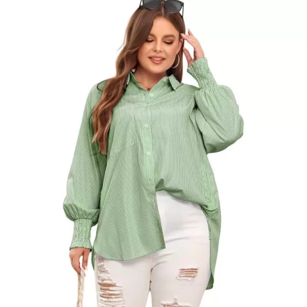 LALAGEN Womens Plus Size Oversized Long Sleeve Button Down Shirt Modest Smocked Cuffed Loose Shirts Blouse with Pocket L5XStripe Green