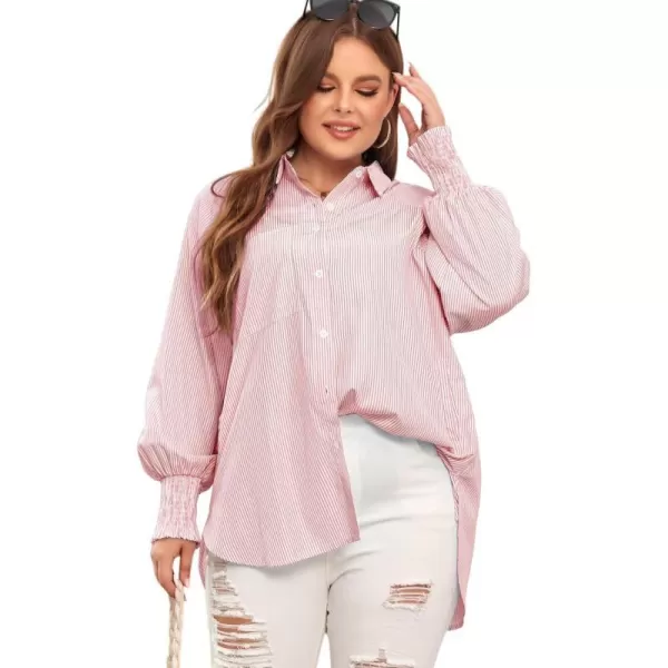 LALAGEN Womens Plus Size Oversized Long Sleeve Button Down Shirt Modest Smocked Cuffed Loose Shirts Blouse with Pocket L5XStripe Pink