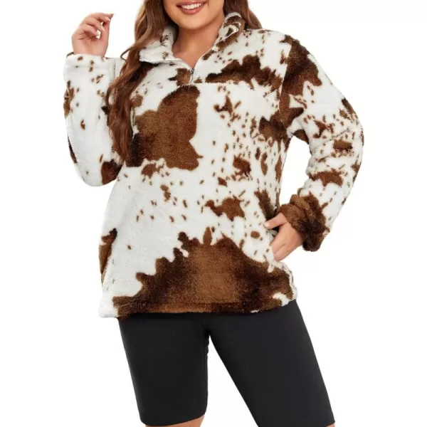 LALAGEN Womens Plus Size Sherpa Fleece Sweatshirt Casual Cow Print Zipper Pullover Fuzzy Winter Outwear with Pocket L5XAcow Print Brown