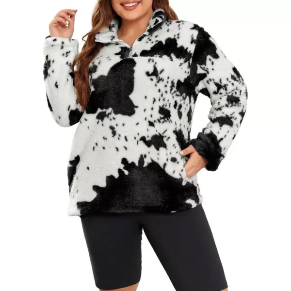 LALAGEN Womens Plus Size Sherpa Fleece Sweatshirt Casual Cow Print Zipper Pullover Fuzzy Winter Outwear with Pocket L5XCow Print Black