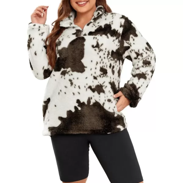 LALAGEN Womens Plus Size Sherpa Fleece Sweatshirt Casual Cow Print Zipper Pullover Fuzzy Winter Outwear with Pocket L5XCow Print Coffee