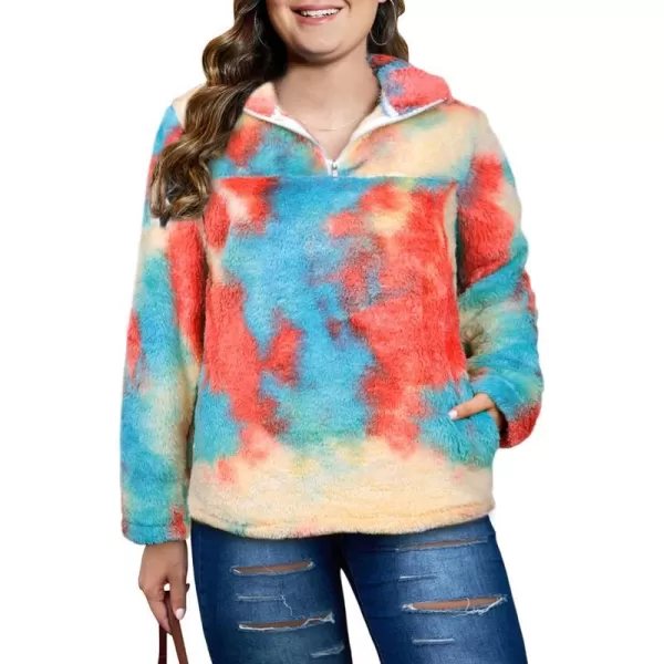 LALAGEN Womens Plus Size Sherpa Fleece Sweatshirt Casual Cow Print Zipper Pullover Fuzzy Winter Outwear with Pocket L5XTie Dye Red Blue