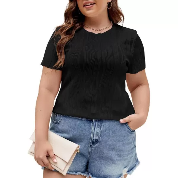 LALAGEN Womens Plus Size Summer Work Tops Textured Short Sleeve Crew Neck Tunic Business Casual T Shirt Basic Top BlouseBlack