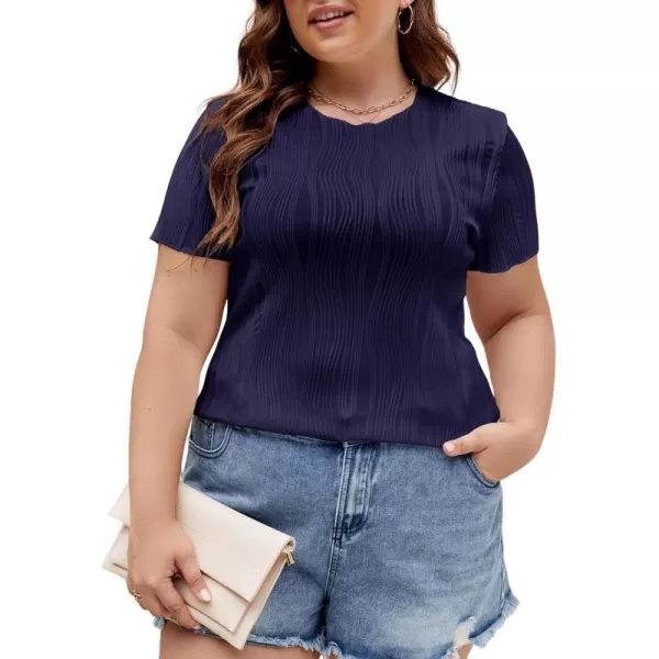 LALAGEN Womens Plus Size Summer Work Tops Textured Short Sleeve Crew Neck Tunic Business Casual T Shirt Basic Top BlouseNavy Blue