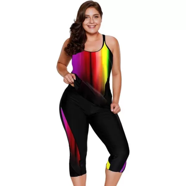 LALAGEN Womens Plus Size Swimsuits 2024 Modest Rash Guard Capris Tankini Bathing Suits Two Piece Bathing Suit SwimwearRainbow Print