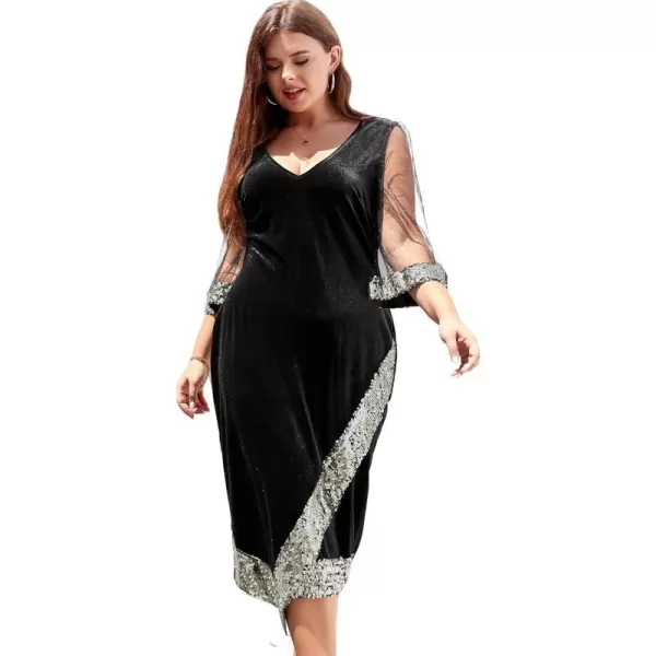 LALAGEN Womens Plus Size Velvet Midi Dresses Sequin V Neck 34 Sleeve Split Wrap Cocktail Wedding Guest Party Dress 1X5XBlack