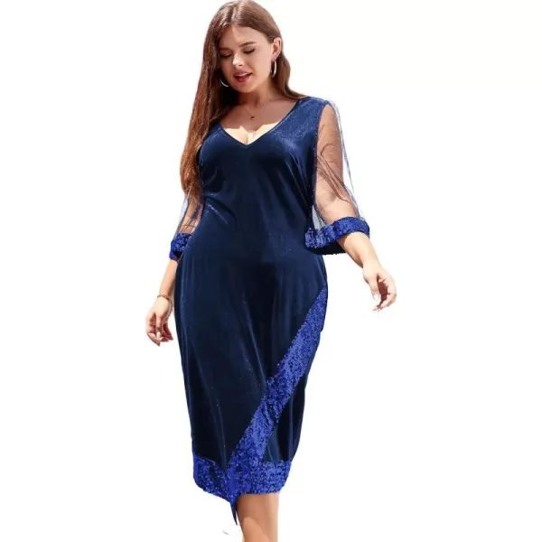 LALAGEN Womens Plus Size Velvet Midi Dresses Sequin V Neck 34 Sleeve Split Wrap Cocktail Wedding Guest Party Dress 1X5XBlue