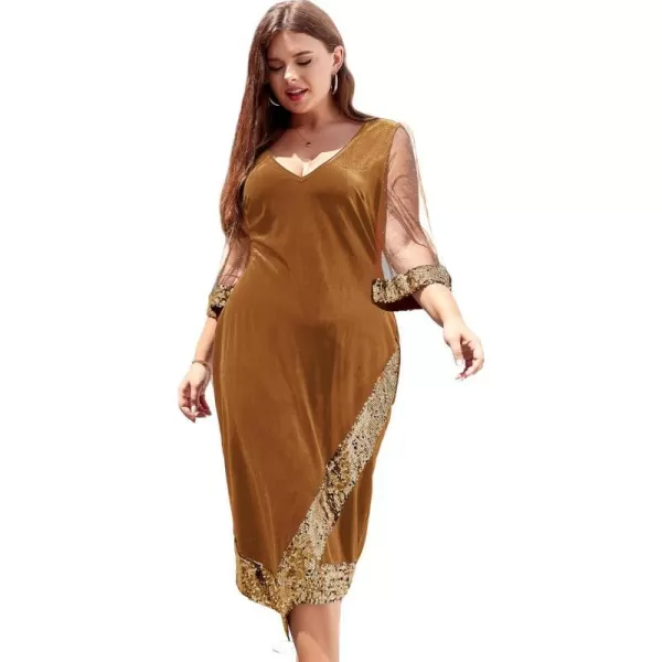 LALAGEN Womens Plus Size Velvet Midi Dresses Sequin V Neck 34 Sleeve Split Wrap Cocktail Wedding Guest Party Dress 1X5XGolden