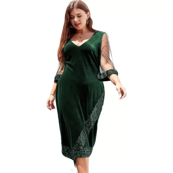 LALAGEN Womens Plus Size Velvet Midi Dresses Sequin V Neck 34 Sleeve Split Wrap Cocktail Wedding Guest Party Dress 1X5XGreen