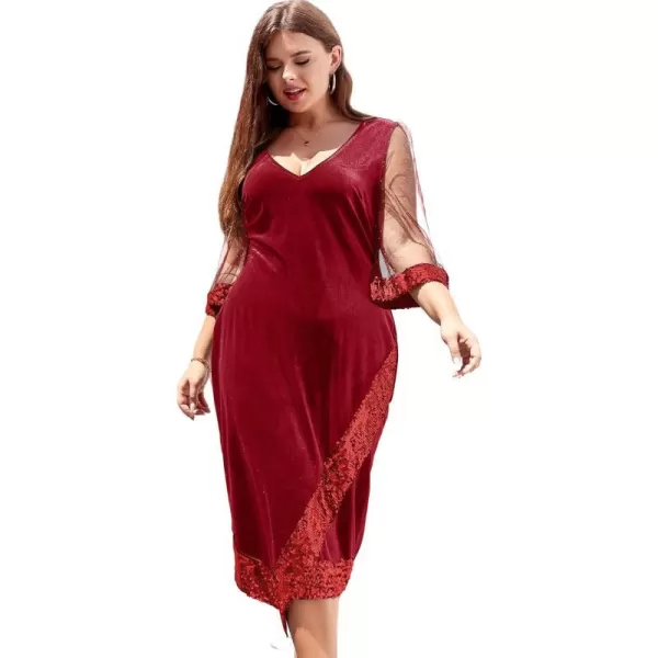 LALAGEN Womens Plus Size Velvet Midi Dresses Sequin V Neck 34 Sleeve Split Wrap Cocktail Wedding Guest Party Dress 1X5XRed