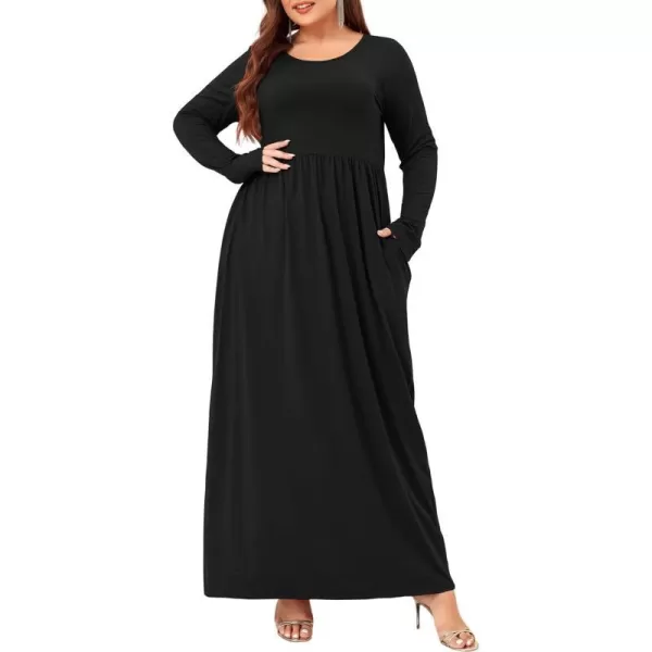 Wolddress Women Plus Size Long Sleeve Maxi Dress Casual Loose Plain Fall Long Flowy Dress with PocketsLong Sleeveblack