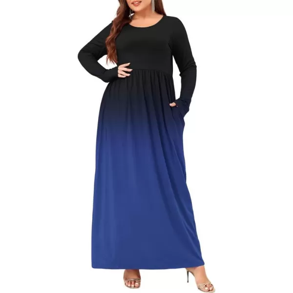 Wolddress Women Plus Size Long Sleeve Maxi Dress Casual Loose Plain Fall Long Flowy Dress with PocketsLong Sleeveblack Blue