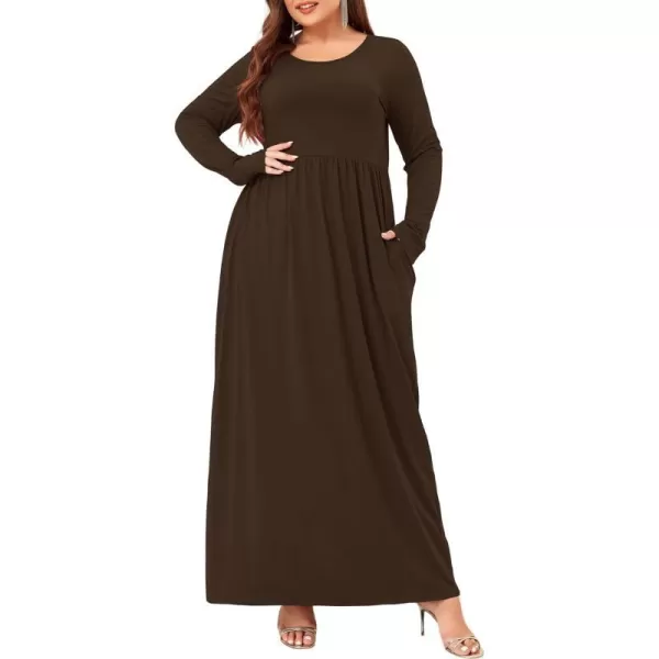 Wolddress Women Plus Size Long Sleeve Maxi Dress Casual Loose Plain Fall Long Flowy Dress with PocketsLong Sleevebrown