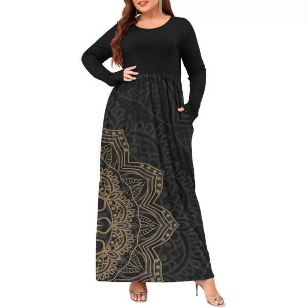 Wolddress Women Plus Size Long Sleeve Maxi Dress Casual Loose Plain Fall Long Flowy Dress with PocketsLong Sleevemandala Black