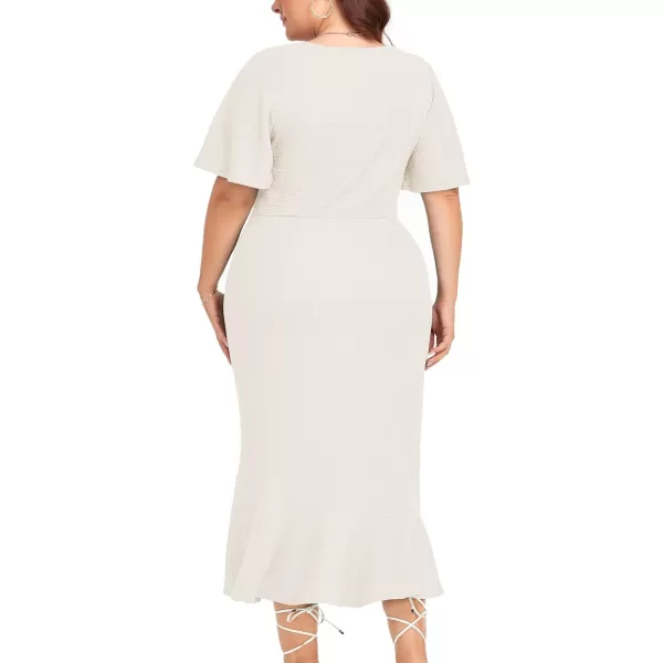 LALAGEN Plus Size Dress for Women Modest Short Sleeve Ruched Bodycon Mermaid Cocktail Midi Dresses 1X6XOffwhite