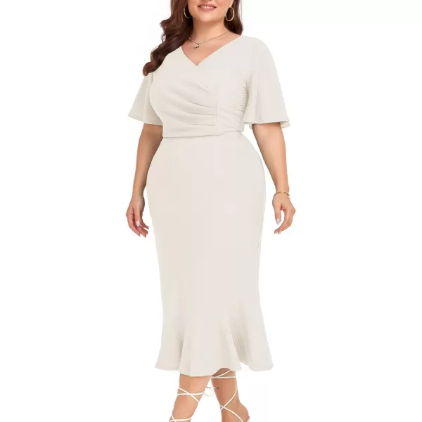LALAGEN Plus Size Dress for Women Modest Short Sleeve Ruched Bodycon Mermaid Cocktail Midi Dresses 1X6XOffwhite