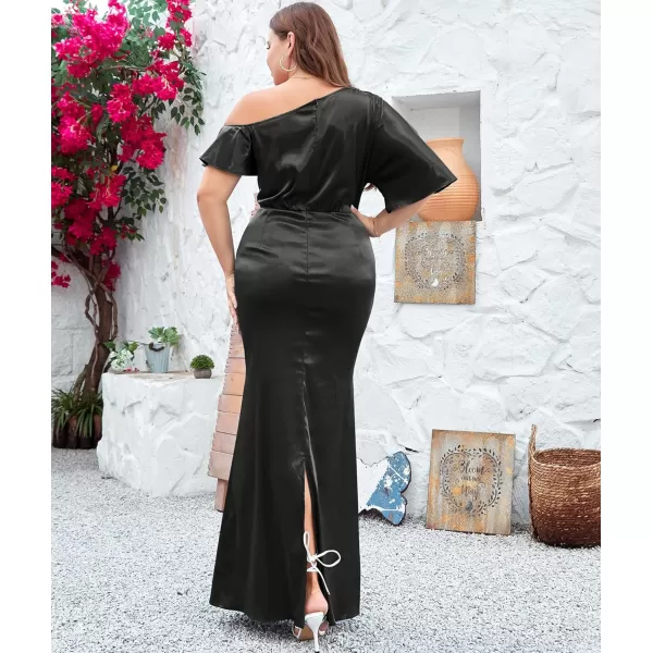 LALAGEN Women Modest Plus Size Wedding Guest Maxi Dress Off Shoulder Split Satin Formal Evening Party Long Dresses 1X5XBlack