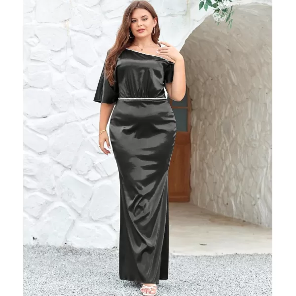 LALAGEN Women Modest Plus Size Wedding Guest Maxi Dress Off Shoulder Split Satin Formal Evening Party Long Dresses 1X5XBlack