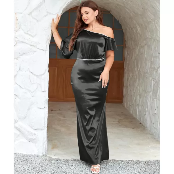 LALAGEN Women Modest Plus Size Wedding Guest Maxi Dress Off Shoulder Split Satin Formal Evening Party Long Dresses 1X5XBlack