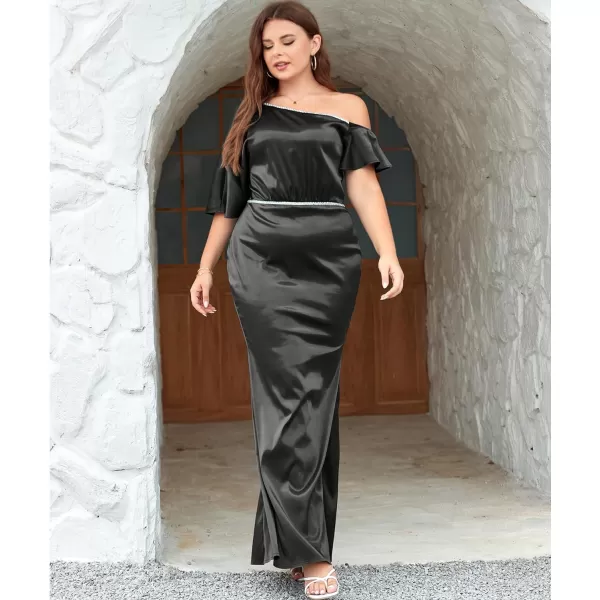 LALAGEN Women Modest Plus Size Wedding Guest Maxi Dress Off Shoulder Split Satin Formal Evening Party Long Dresses 1X5XBlack