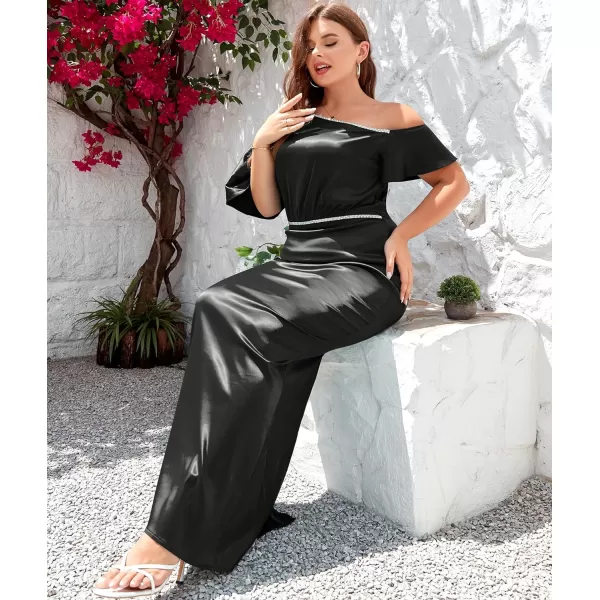 LALAGEN Women Modest Plus Size Wedding Guest Maxi Dress Off Shoulder Split Satin Formal Evening Party Long Dresses 1X5XBlack