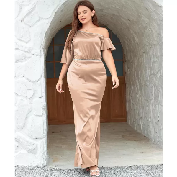 LALAGEN Women Modest Plus Size Wedding Guest Maxi Dress Off Shoulder Split Satin Formal Evening Party Long Dresses 1X5XChampagne