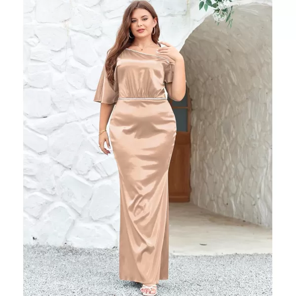 LALAGEN Women Modest Plus Size Wedding Guest Maxi Dress Off Shoulder Split Satin Formal Evening Party Long Dresses 1X5XChampagne