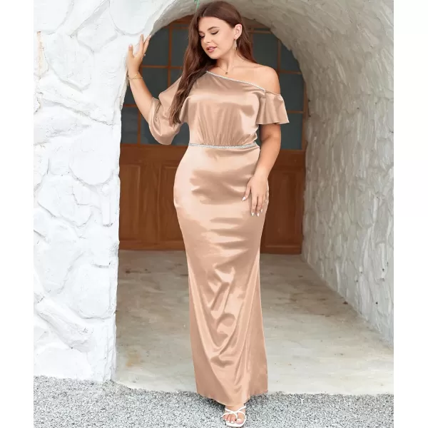 LALAGEN Women Modest Plus Size Wedding Guest Maxi Dress Off Shoulder Split Satin Formal Evening Party Long Dresses 1X5XChampagne