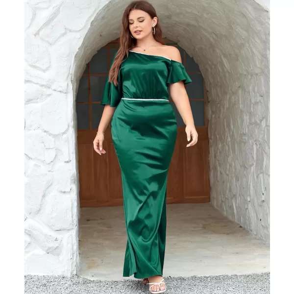 LALAGEN Women Modest Plus Size Wedding Guest Maxi Dress Off Shoulder Split Satin Formal Evening Party Long Dresses 1X5XGreen