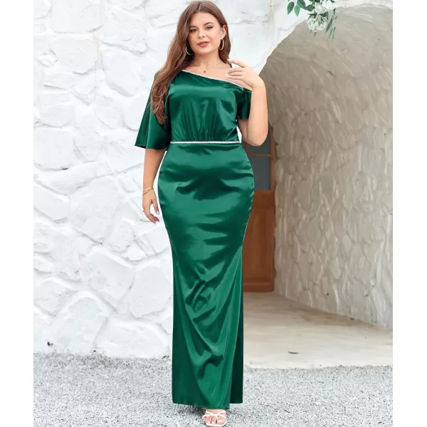 LALAGEN Women Modest Plus Size Wedding Guest Maxi Dress Off Shoulder Split Satin Formal Evening Party Long Dresses 1X5XGreen