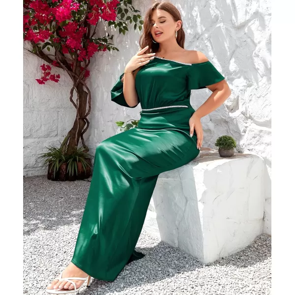 LALAGEN Women Modest Plus Size Wedding Guest Maxi Dress Off Shoulder Split Satin Formal Evening Party Long Dresses 1X5XGreen