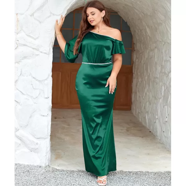 LALAGEN Women Modest Plus Size Wedding Guest Maxi Dress Off Shoulder Split Satin Formal Evening Party Long Dresses 1X5XGreen