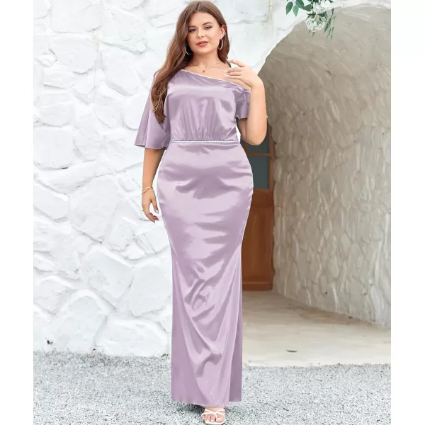 LALAGEN Women Modest Plus Size Wedding Guest Maxi Dress Off Shoulder Split Satin Formal Evening Party Long Dresses 1X5XLilac