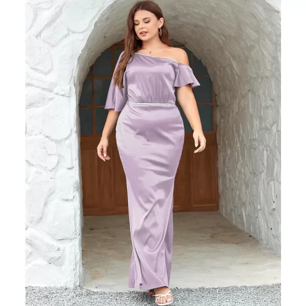 LALAGEN Women Modest Plus Size Wedding Guest Maxi Dress Off Shoulder Split Satin Formal Evening Party Long Dresses 1X5XLilac