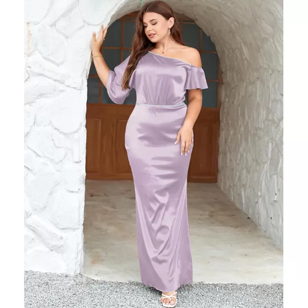 LALAGEN Women Modest Plus Size Wedding Guest Maxi Dress Off Shoulder Split Satin Formal Evening Party Long Dresses 1X5XLilac