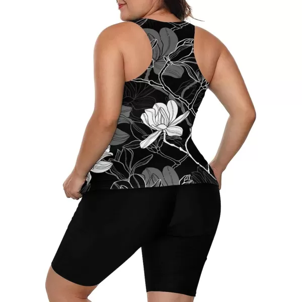 LALAGEN Womens 2024 Plus Size Tankini Swimsuits Rash Guard Capris Athletic Two Piece Swimwear Bathing Suits S5XFloral Black White