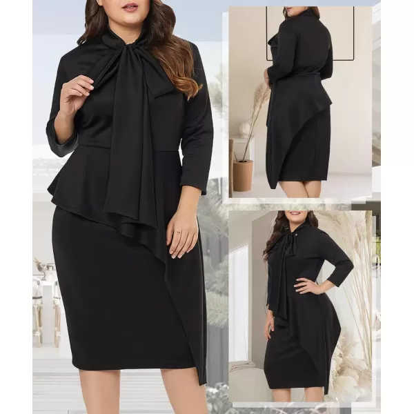 LALAGEN Womens Plus Size Long Sleeve Peplum Tie Neck Bodycon Pencil Midi DressBlack